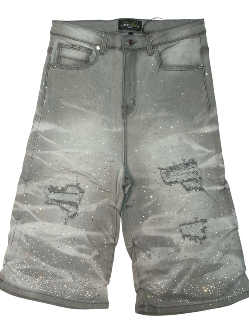 Sz 32 Men's Gray Distressed Denim jorts with Rhinestone Detail